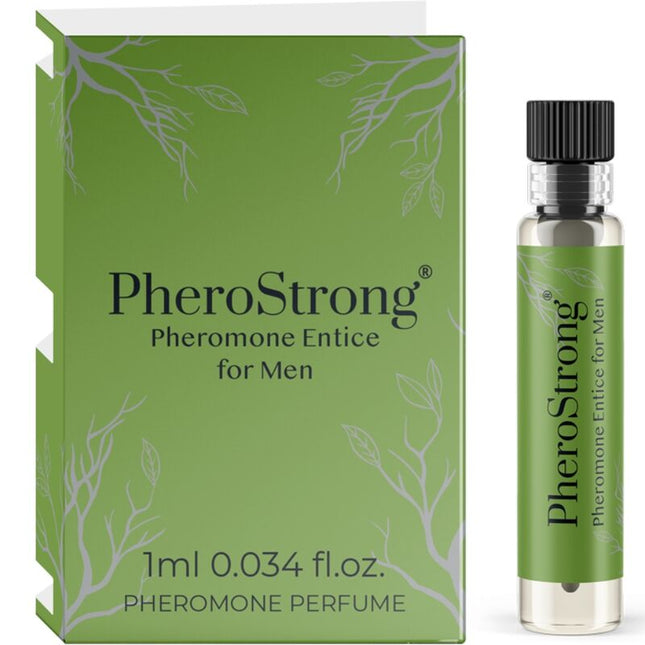 Grüne rechteckige pherostrong pheromonparfüm box mit weißem blattdesign und klarer vial für männer 1 ml