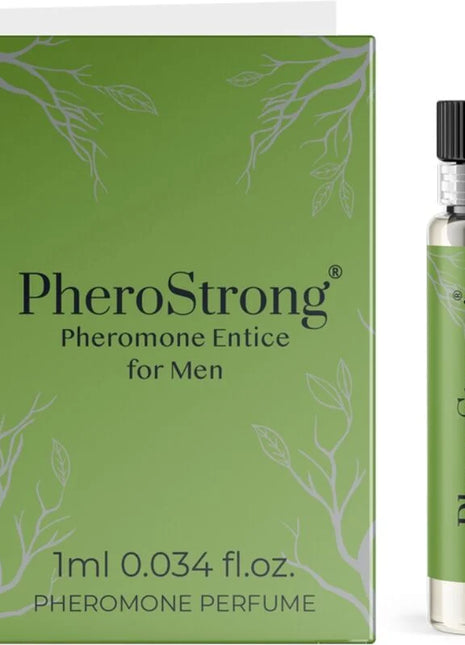 Grüne rechteckige pherostrong pheromonparfüm box mit weißem blattdesign und klarer vial für männer 1 ml