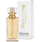 Ein schlanker rechteckiger glasflakon pherostrong pheromonparfüm für die nacht für frauen mit goldenem verschluss und klarer sprühdüse 50 ml