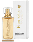 Ein schlanker rechteckiger glasflakon pherostrong pheromonparfüm für die nacht für frauen mit goldenem verschluss und klarer sprühdüse 50 ml