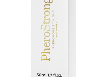 Weiße rechteckige box für pherostrong pheromonparfüm für die nacht für frauen mit goldener schrift und minimalistischem design