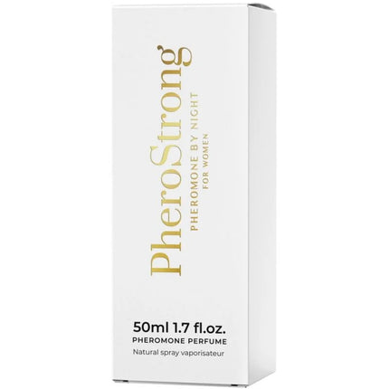 Weiße rechteckige box für pherostrong pheromonparfüm für die nacht für frauen mit goldener schrift und minimalistischem design