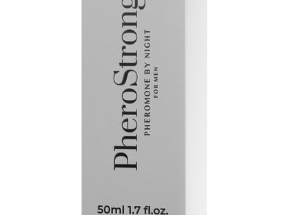 Ein eleganter silberner rechteckiger pherostrong pheromonparfüm karton mit minimalistischer schwarzer schrift für männer nachts 50 ml