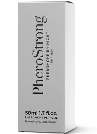 Ein eleganter silberner rechteckiger pherostrong pheromonparfüm karton mit minimalistischer schwarzer schrift für männer nachts 50 ml