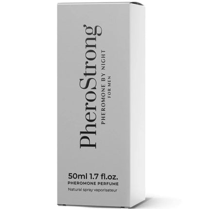 Ein eleganter silberner rechteckiger pherostrong pheromonparfüm karton mit minimalistischer schwarzer schrift für männer nachts 50 ml