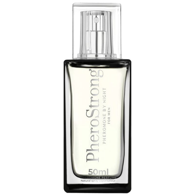 Ein eleganter schwarzer rechteckiger flakon pherostrong pheromonparfüm für die nacht für männer 50 ml mit klarem spraysystem und hellem duftwasser