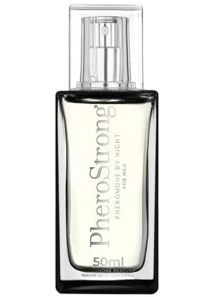 Ein eleganter schwarzer rechteckiger flakon pherostrong pheromonparfüm für die nacht für männer 50 ml mit klarem spraysystem und hellem duftwasser