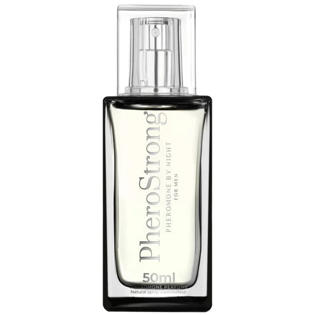 Ein eleganter schwarzer rechteckiger flakon pherostrong pheromonparfüm für die nacht für männer 50 ml mit klarem spraysystem und hellem duftwasser