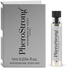 Silbergetönte glasflasche mit schwarzem geriffeltem verschluss und klarem parfum für männer pherostrong 1 ml