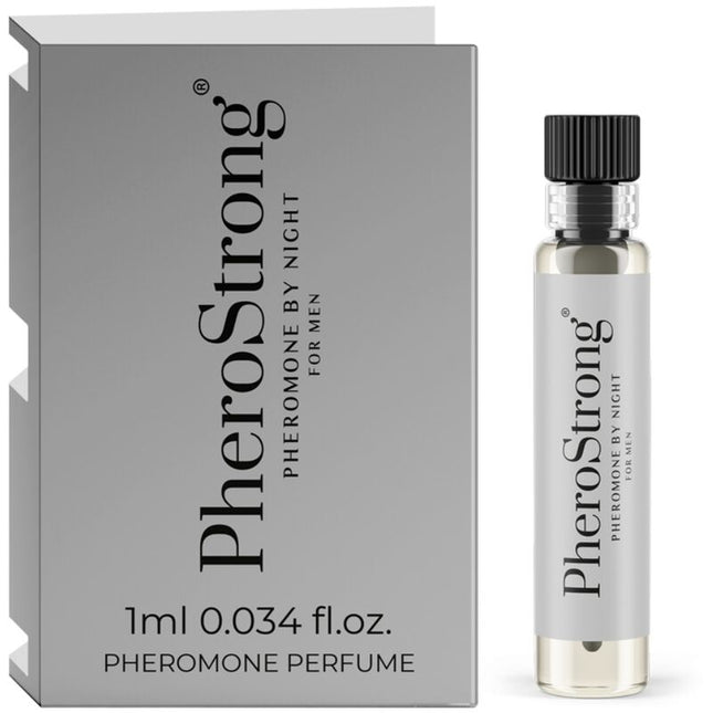 Silbergetönte glasflasche mit schwarzem geriffeltem verschluss und klarem parfum für männer pherostrong 1 ml