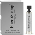 Silbergetönte glasflasche mit schwarzem geriffeltem verschluss und klarem parfum für männer pherostrong 1 ml