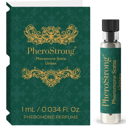 Ein schlanker transparenter glasflakon mit schwarzem geripptem deckel und grünem etikett pherostrong soma unisex-parfüm für persönliche ausstrahlung 1 ml