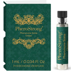 Ein schlanker transparenter glasflakon mit schwarzem geripptem deckel und grünem etikett pherostrong soma unisex-parfüm für persönliche ausstrahlung 1 ml