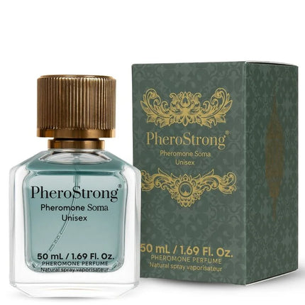 Eine klare glasflasche mit goldfarbenem geripptem deckel enthält hellblaues pherostrong soma pheromonparfum für persönliche ausstrahlung