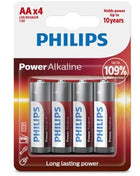 Vier philips power alkaline aa batterien lr6 in blisterpack mit silberroten etiketten und blauem logo