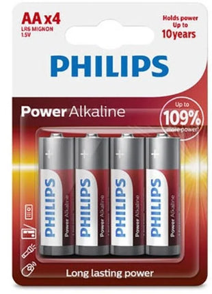 Vier philips power alkaline aa batterien lr6 in blisterpack mit silberroten etiketten und blauem logo