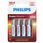 Vier philips power alkaline aa batterien lr6 in blisterpack mit silberroten etiketten und blauem logo