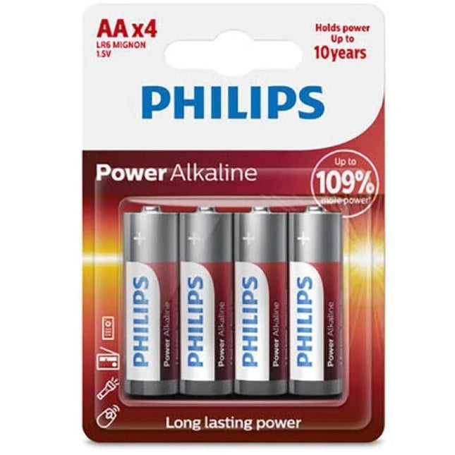 Vier philips power alkaline aa batterien lr6 in blisterpack mit silberroten etiketten und blauem logo