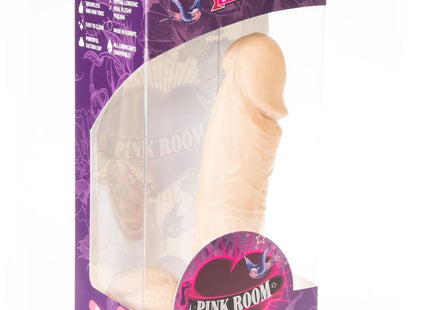 Beige silikon dildo in lila und rosa pink room verpackung von dildorama im modell amadeo dildo realistico natural 15,5 cm
