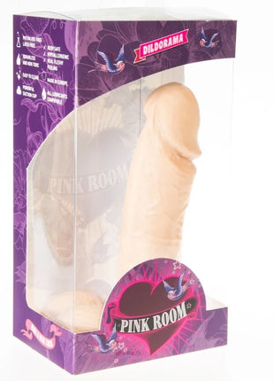 Beige silikon dildo in lila und rosa pink room verpackung von dildorama im modell amadeo dildo realistico natural 15,5 cm