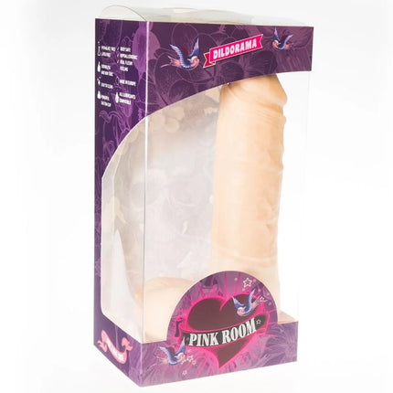 Beiger silikon dildo anton 21,5 cm in lila und rosa dildorama pink room markenkarton