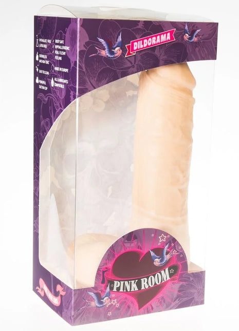 Beiger silikon dildo anton 21,5 cm in lila und rosa dildorama pink room markenkarton