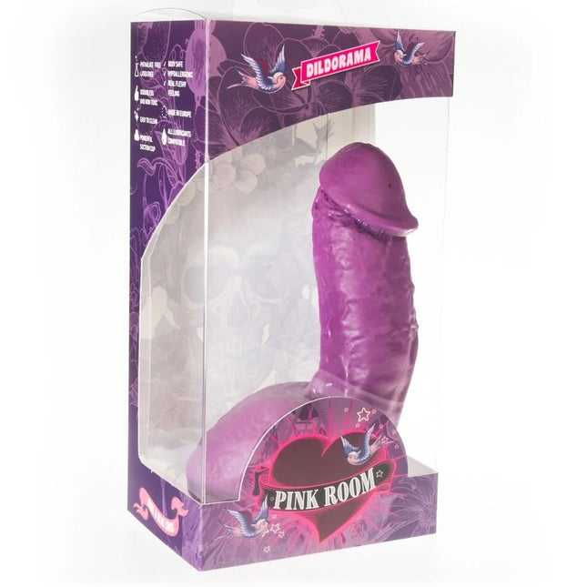 Lila silikon dildo realistischer dildo 17,5 cm in klarem plastik mit pink und lila branding von pink room