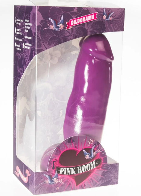 Lila silikon dildo 20,5 cm in klarer plastik- und lila kartonverpackung mit dildorama branding