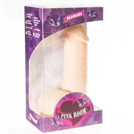 Beiger silikon dildo in der pink room markenverpackung in lila und pink fleischfarben 16 cm lang