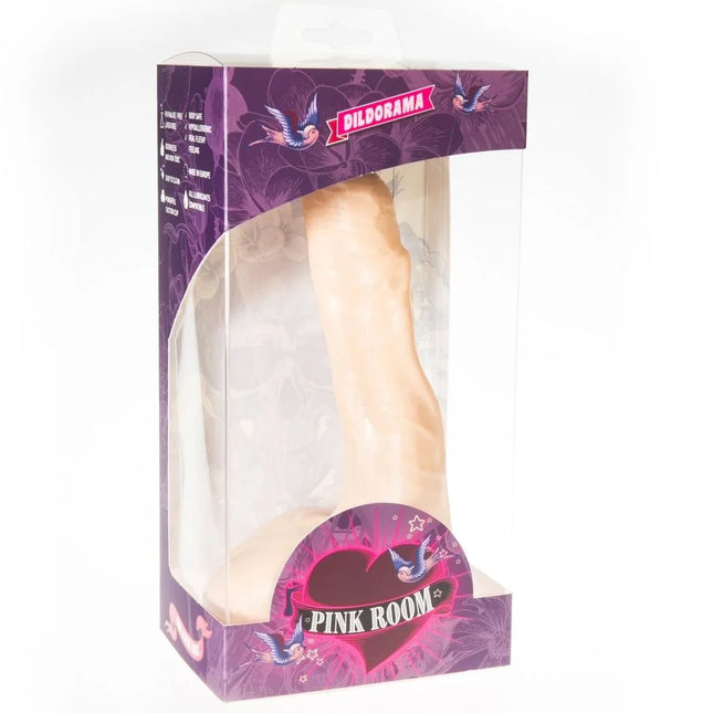 Pink room nilo realistischer dildo in fleischfarbe 23 cm verpackt in lila klarem plastik mit vogelillustrationen