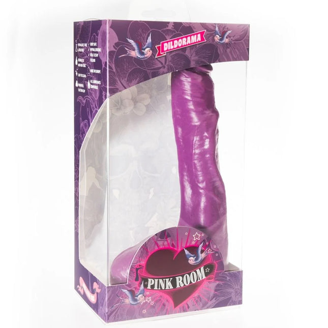 Pink room nilo realistischer dildo lila 23 cm in transparenter box mit lila floralem verpackungsdesign