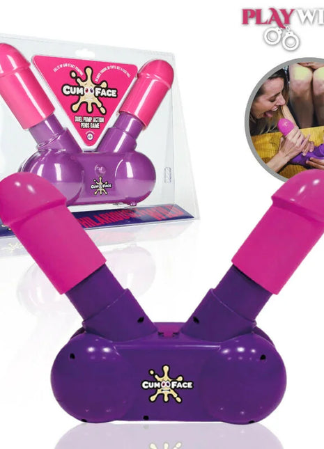 Dual pump action penis spiel in lila und pink mit verspieltem cartoon design für cum face party spiel