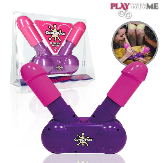 Dual pump action penis spiel in lila und pink mit verspieltem cartoon design für cum face party spiel