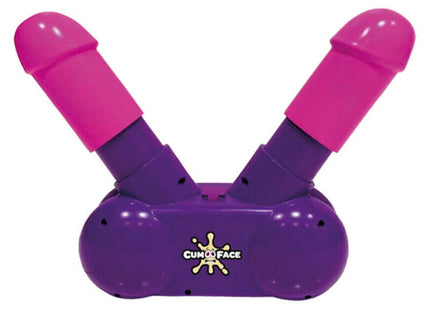 Lila und pinker dual-vibrator aus plastik mit cumo face logo am sockel für party spaß spiel play wiv me
