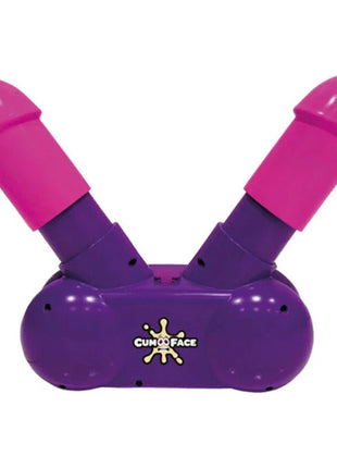 Lila und pinker dual-vibrator aus plastik mit cumo face logo am sockel für party spaß spiel play wiv me