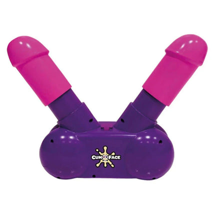 Lila und pinker dual-vibrator aus plastik mit cumo face logo am sockel für party spaß spiel play wiv me