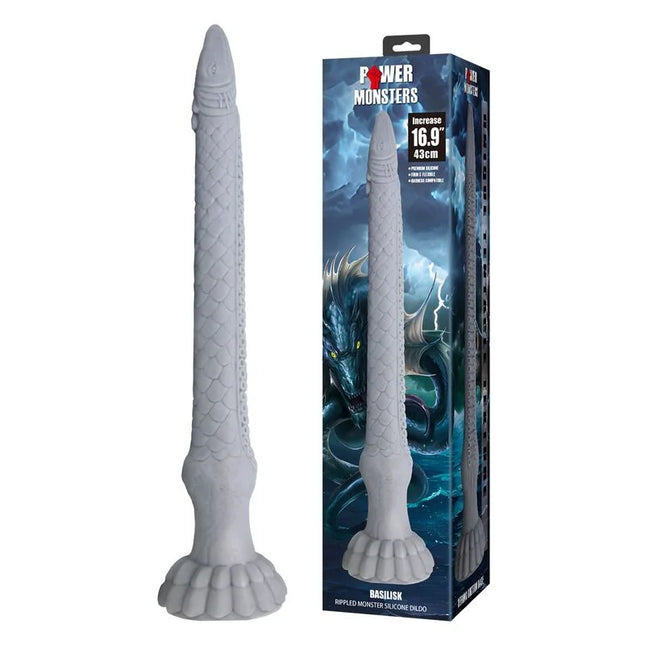 Gray textured silikon dildo power monsters basilisk fantasy mit schuppigen ridges und klauen an hochwertigem silikon
