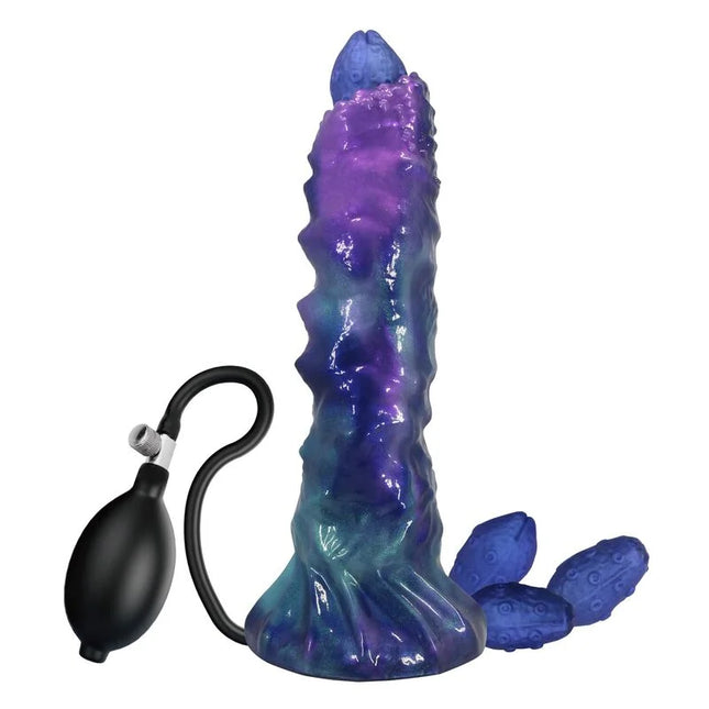 Glänzender duskwalker sentinel silikon dildo in lila und blau mit struktur und pumpe von power monsters