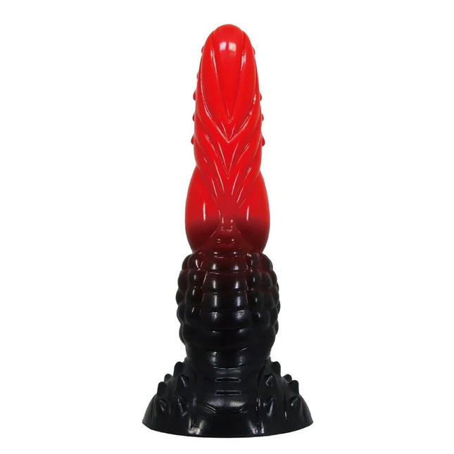 Power monsters feuerdrachen-fantasie dildo mit saugnapf aus silikon rot schwarz mit strukturierter rillenoptik