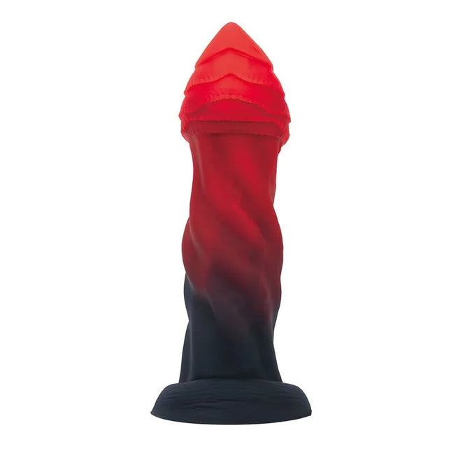 Roter und schwarzer gradient silikon dildo mit strukturiertem, gerilltem kopf aus der power monsters infernal goliath bicolor fantasy serie