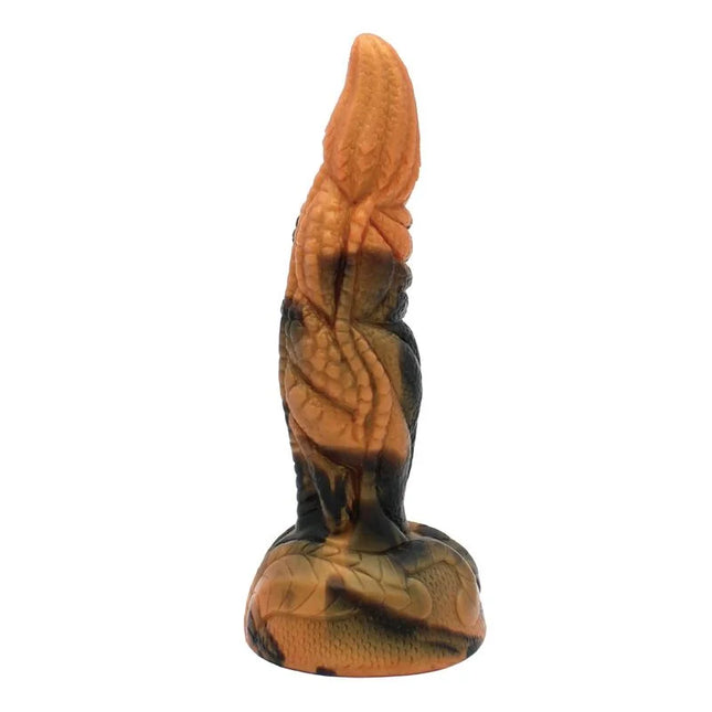 Oranger und schwarzer silikon dildo mit reptilien-schuppen struktur power monsters tyrannosaurus bicolor fantasy