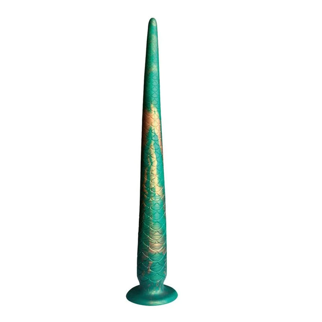 Ein hoher schlanker dildo aus silikongold und teal mit abrundeter basis aus der power monsters wildwyrm tail bicolor fantasy serie