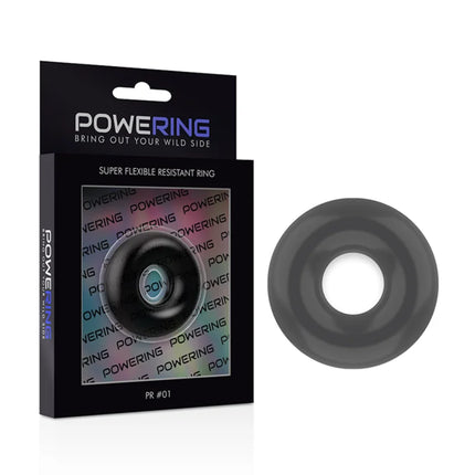 Schwarzer powering super flexibler widerstandsfähiger penisring mit glänzendem finish und dezentem irisierendem innenring