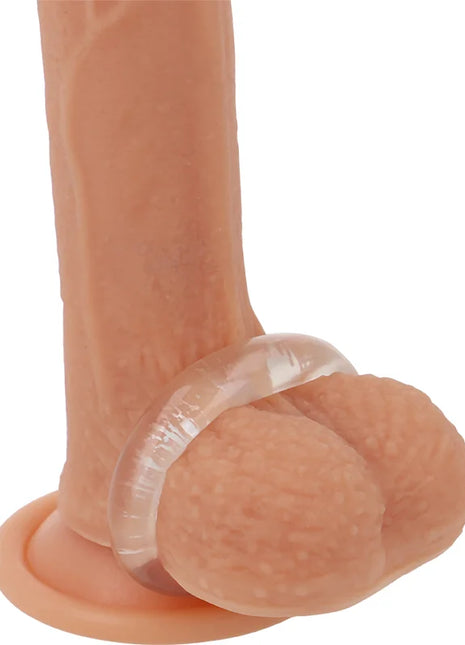 Peachfarbener silikon dildo mit transparentem, strukturiertem penisring 3,8 cm powering super flexibel und widerstandsfähig