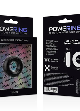 Schwarzer tpe powering penisring 3,8 cm mit super flexibler, widerstandsfähiger material und messskala auf verpackung