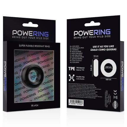 Schwarzer tpe powering penisring 3,8 cm mit super flexibler, widerstandsfähiger material und messskala auf verpackung