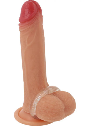 Tanfarbener silikon dildo mit roter spitze und klarem powering penisring 3,8 cm flexibel und widerstandsfähig
