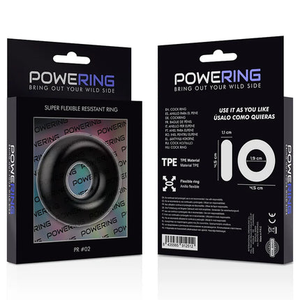 Schwarzer flexibler tpe penisring powering in markenverpackung für super flexibilität und widerstandsfähigkeit
