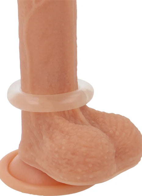Peachfarbener silikon dildo mit transparentem penisring 4,5 cm aus super flexiblem und widerstandsfähigem material