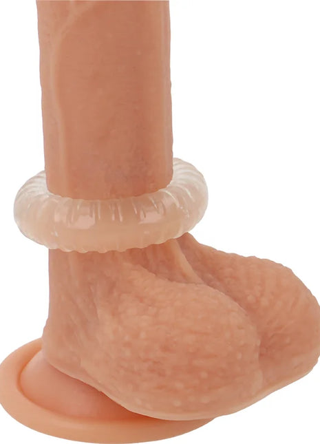 Peachfarbener silikon dildo mit transparentem geripptem ring am grund powering super flexibler widerstandsfähiger penisring 4,5 cm pr07 klar